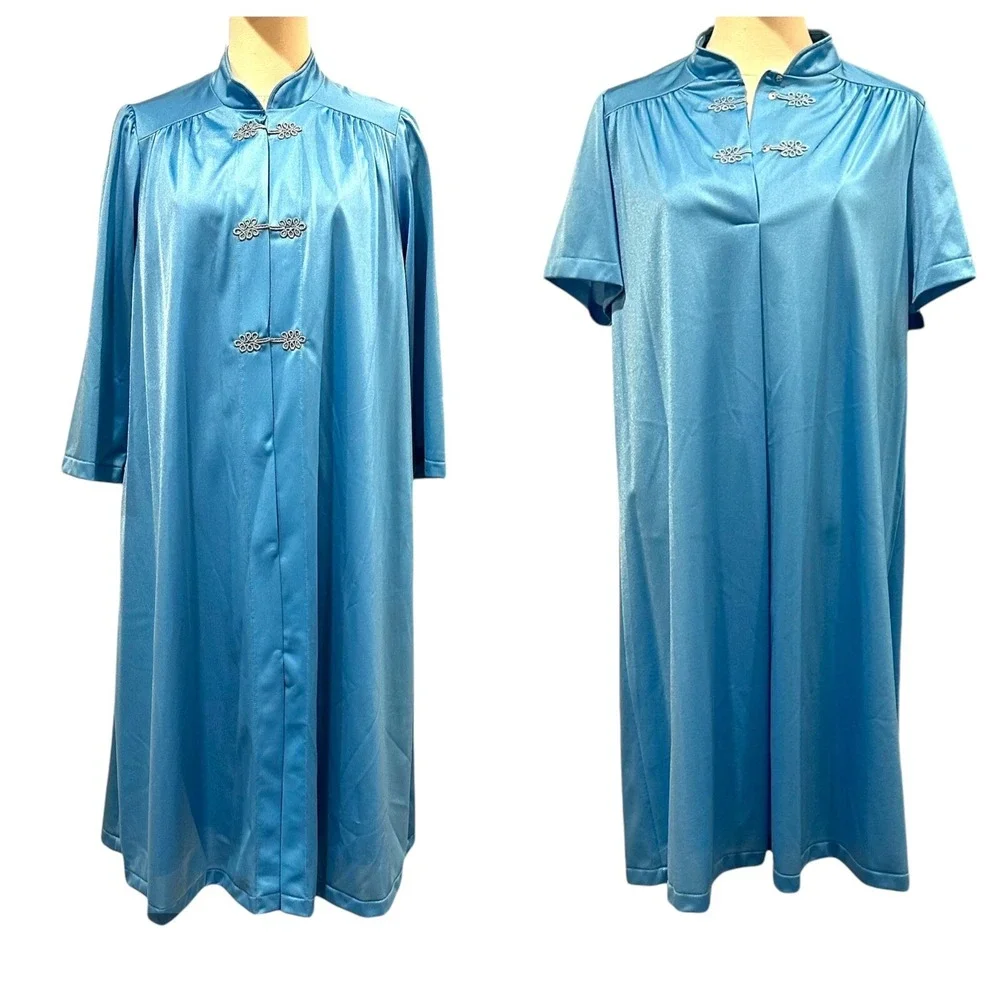 Rare‎ Vintage Women's Shadowline Robe Gown Robin Blue Set Mandarin Sz Small